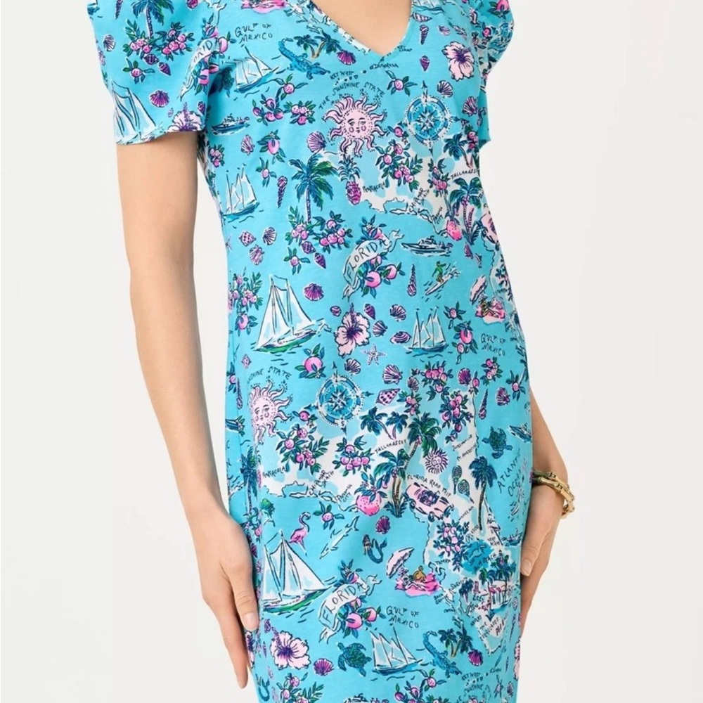NWT Lilly Pulitzer Aleece Dress M | Florida Road Trip-Amalfi Blue short sleeve